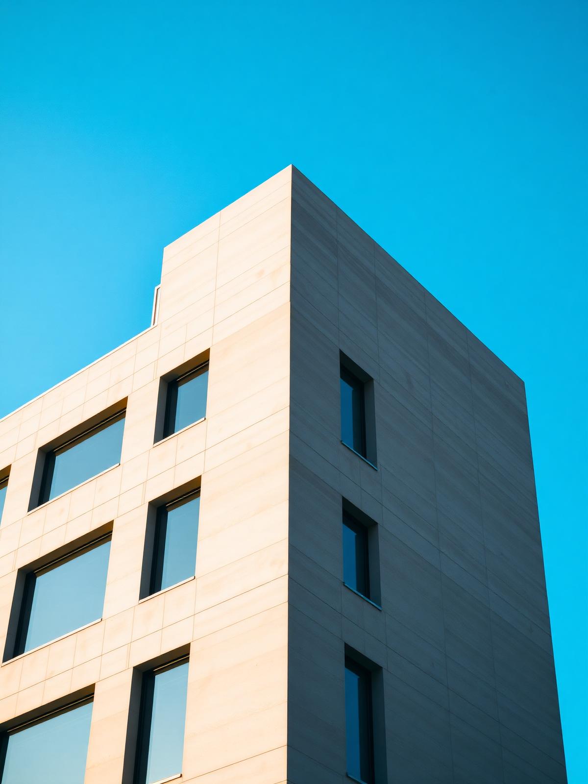 Modern minimalist concrete building facade against blue sky