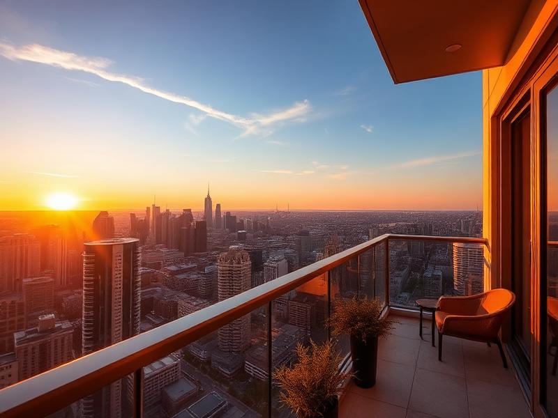 Luxury apartment balcony with sunset view